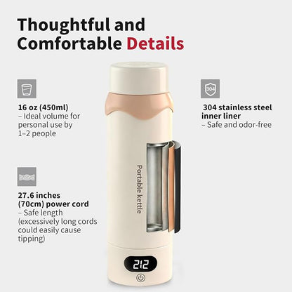 Insulated Stainless Steel Electric Kettle Small, Smart Water Bottle with 4 Temperature Control, Leak-Proof, Mini Travel Essentials Portable Office Gifts for Tea Lovers, Cream