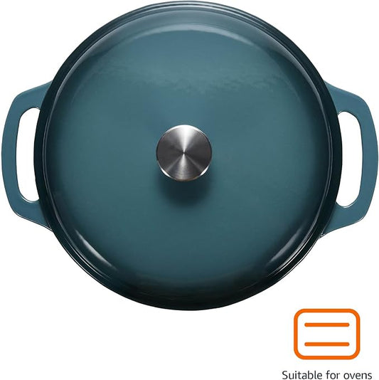 Amazon Basics Enameled Cast Iron Dutch Oven Pot with Lid, Round, Dual Handles, Heavy-Duty, Oven Safe for Stews, Roasting, Baking,6-Quart, Gray
