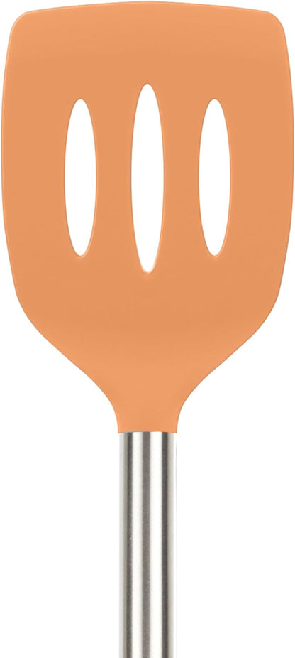 Tovolo Slotted Silicone Spatula Turner Slotted Stainless Steel Handle 10" Apricot Orange Heat Resistant Non Toxic BPA Free Kitchen Utensil, Silicone Pancake Flipper Metal Handle Turner for Cooking