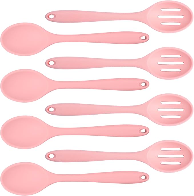 8 Pcs Heat Resistant Non Stick Silicone Serving Spoons Set -Ideal for Cooking, Baking, Mixing, Stirring Includes Slotted & Solid Spoons, Design for Nonstick Cookware (Pink)