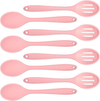 8 Pcs Heat Resistant Non Stick Silicone Serving Spoons Set -Ideal for Cooking, Baking, Mixing, Stirring Includes Slotted & Solid Spoons, Design for Nonstick Cookware (Pink)