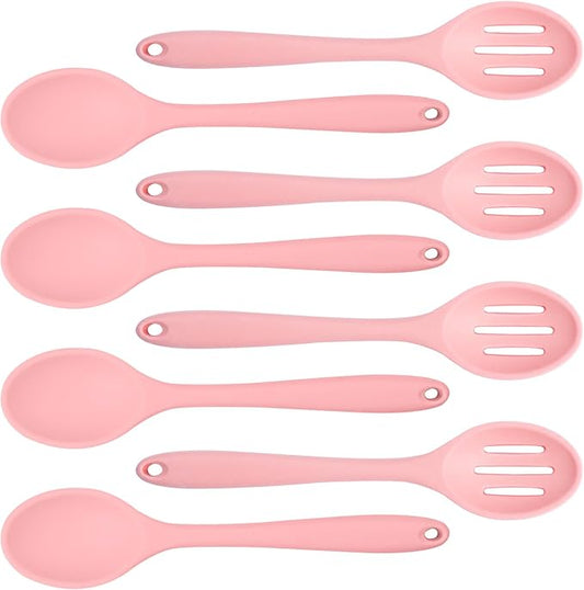 8 Pcs Heat Resistant Non Stick Silicone Serving Spoons Set -Ideal for Cooking, Baking, Mixing, Stirring Includes Slotted & Solid Spoons, Design for Nonstick Cookware (Pink)