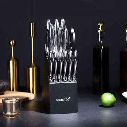 Knife Sets for Kitchen with Block, 14 Piece High Carbon Stainless Steel Knife Block Set with Built-in Sharpener, Professional Kitchen Knife Set, Hammered Pattern Hollowed Handle Design
