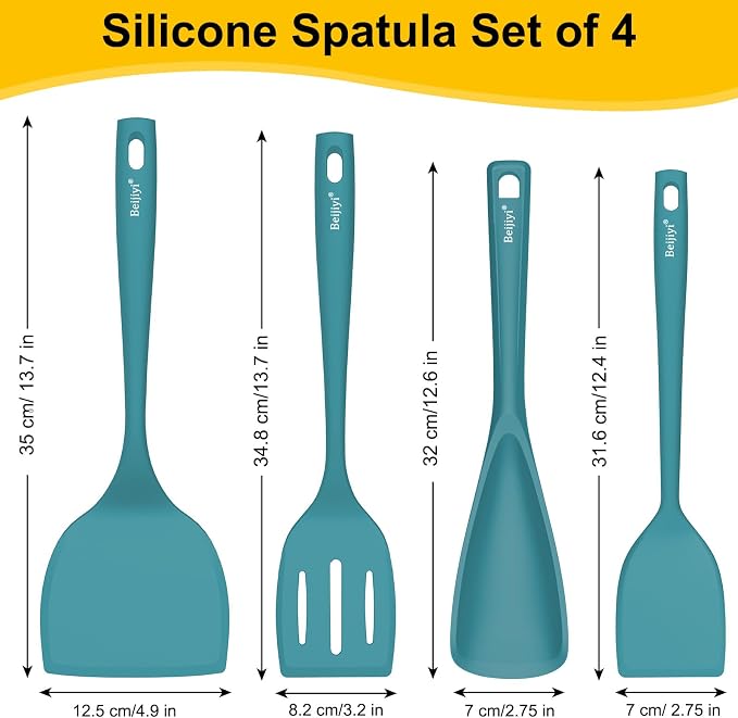 Beijiyi 4 Pack Silicone Spatula Set, High Heat Resistant, For Non-Stick Pan | Food Grade, BPA Free, Scratch-Free, Non-Toxic Kitchen Utensils, Turner Flipper for Cooking, Flipping, Dishwasher Safe