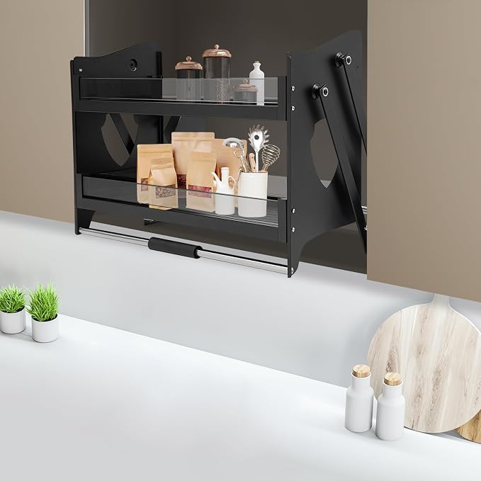 Pull Down Cabinet Organizer, 2-Tier Lowering Basket for 27.95-29.13" Wide Cabinet, 22 lbs Capacity Tempered Glass Pull-Out Kitchen Storage Shelf, Soft Close Damping, 29.13*10.63*20.47in Black
