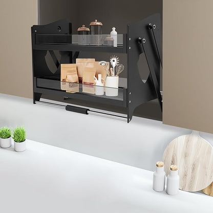 Pull Down Cabinet Organizer, 2-Tier Lowering Basket for 27.95-29.13" Wide Cabinet, 22 lbs Capacity Tempered Glass Pull-Out Kitchen Storage Shelf, Soft Close Damping, 29.13*10.63*20.47in Black