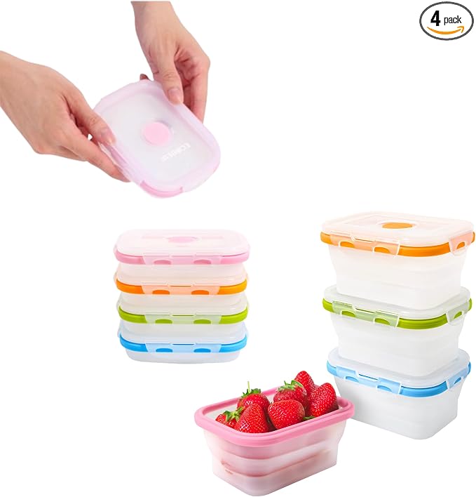 ECOBERI Collapsible Food Storage Containers, Silicone Small 4 Piece 12 oz Set, BPA-Free Food Storage with Airtight Lids, Space-Saving Lunch Containers, Freezer and Dishwasher Safe