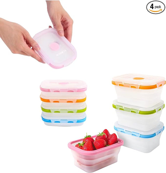 ECOBERI Collapsible Food Storage Containers, Silicone Small 4 Piece 12 oz Set, BPA-Free Food Storage with Airtight Lids, Space-Saving Lunch Containers, Freezer and Dishwasher Safe