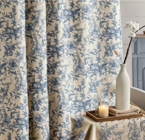 Farmhouse Blue Floral Shower Curtain with 12 Clear Rings 72"W x 72"L