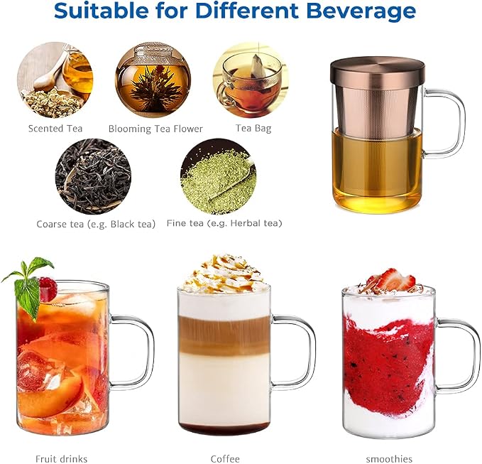 ecooe Tea Infuser Mug 16.9oz Glass Tea Cup with Removable Stainless Steel Infuser and Lid, Clear Glass Tea Cup 500ml Teacup for Loose Leaf Tea, Birthday for Parents Dad Mum Friends (Bronze)