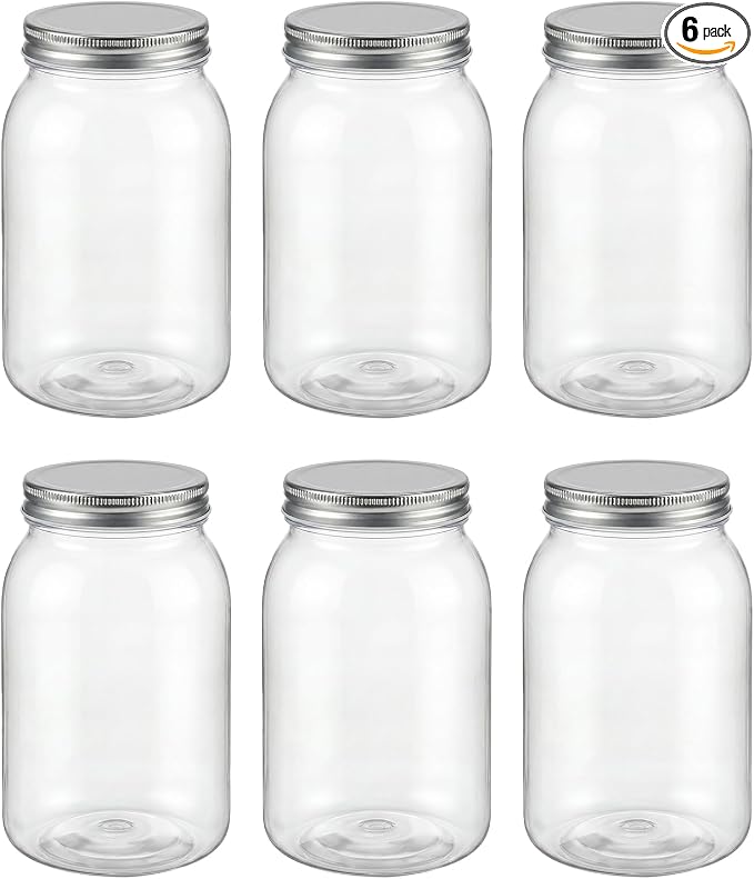 novelinks 32 oz Clear Plastic Jars with Lids, 6 Pack Large Plastic Mason Jars with Lids 32oz, Reusable Quart Containers for Kitchen Organization (6 Pack,Silver)