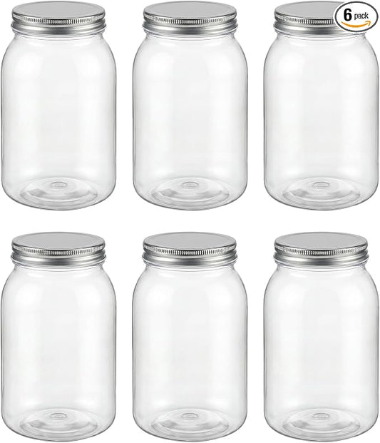 novelinks 32 oz Clear Plastic Jars with Lids, 6 Pack Large Plastic Mason Jars with Lids 32oz, Reusable Quart Containers for Kitchen Organization (6 Pack,Silver)