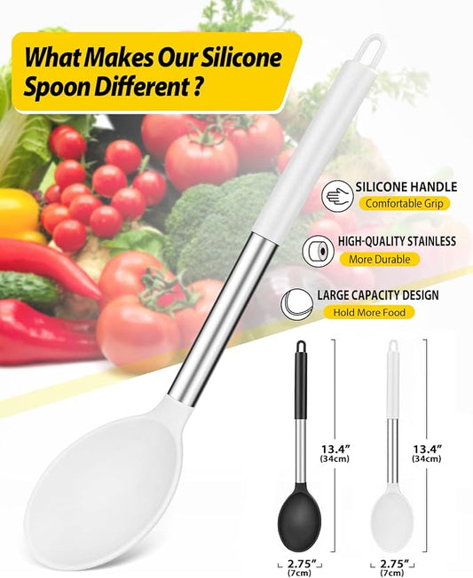 Pack of 2 Large Silicone Cooking Spoon Non Stick Solid Basting Spoons Heat-Resistant Kitchen Utensils for Mixing Serving (Black-White)