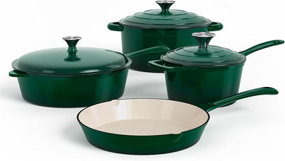 DishDelight Enameled Cast Iron Pots and Pans Set, 7 Piece Dutch Oven Set with Lids, Enamel Coated Non Toxic Cookware, PFOA&PFAS Free, Emerald