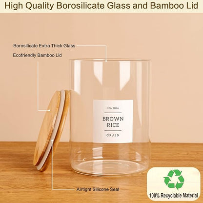 HHMJSM Large Glass Storage Jars With Airtight Bamboo Lid - 100 Fl Oz Thicken Kitchen Glass Food Storage Canister With 42 Pantry Labels - Big Clear Flour And Sugar Containers Farmhouse