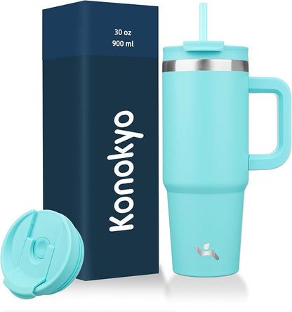 Konokyo 30 oz Tumbler with Handle and 2 Straws,2 in 1 Lid Insulated Water Bottle Stainless Steel Travel Coffee Mug,Turquoise
