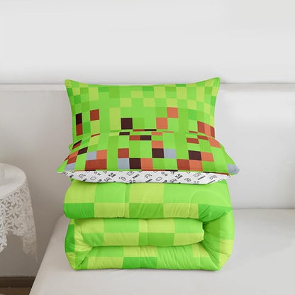 Pixelated Blocks Comforter Set,Gamepad Miners Video Games Bedding Set Kids Teens Modern Bedroom Decor,Geometric Camouflage Grid Comforter with 1 Pillowcase for All Seasons,Twin Size,Green Brown