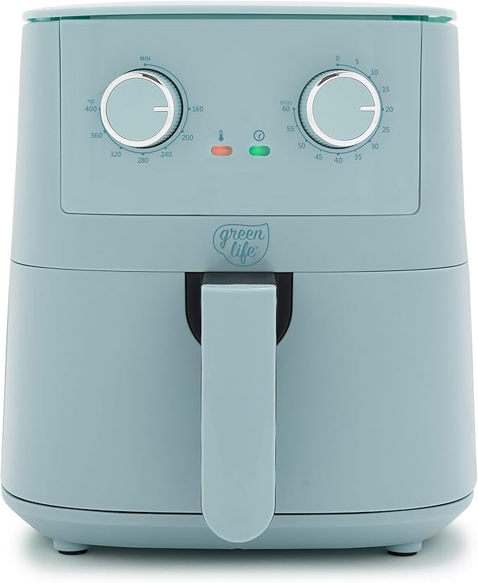 GreenLife 4.5QT Air Fryer, Mechanical Dial Controls, PFAS-Free Ceramic Nonstick Drawer, Adjustable Temp & Timer, LED Indicator, Oil-Less Cooking, Dishwasher Safe, Compact Family Size, Blue