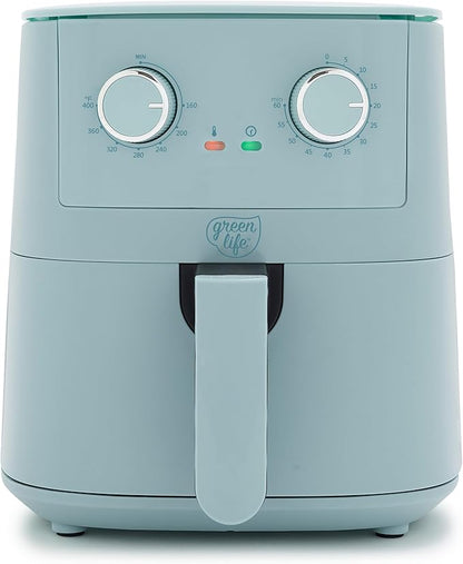 GreenLife 4.5QT Air Fryer, Mechanical Dial Controls, PFAS-Free Ceramic Nonstick Drawer, Adjustable Temp & Timer, LED Indicator, Oil-Less Cooking, Dishwasher Safe, Compact Family Size, Blue