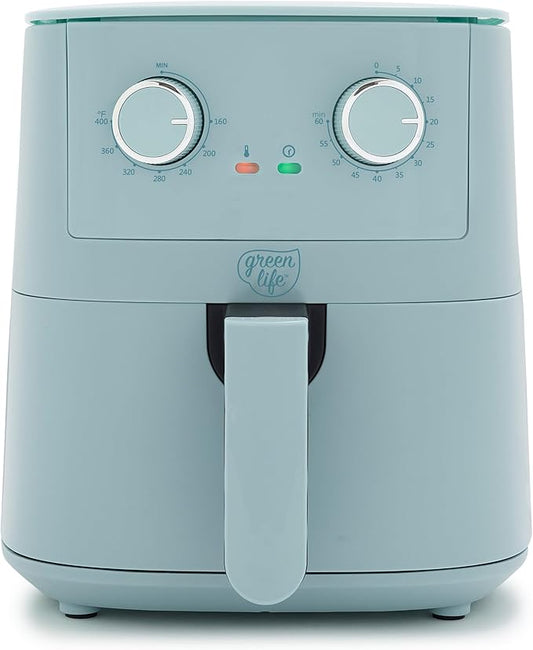 GreenLife 4.5QT Air Fryer, Mechanical Dial Controls, PFAS-Free Ceramic Nonstick Drawer, Adjustable Temp & Timer, LED Indicator, Oil-Less Cooking, Dishwasher Safe, Compact Family Size, Blue