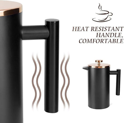 Miuly French Press Coffee Maker, 21Oz Stainless Steel Coffee Press with 3 Level Filtration System, Double Wall Insulated French Press with 4 Filters and 1 Metal Spoon, Black