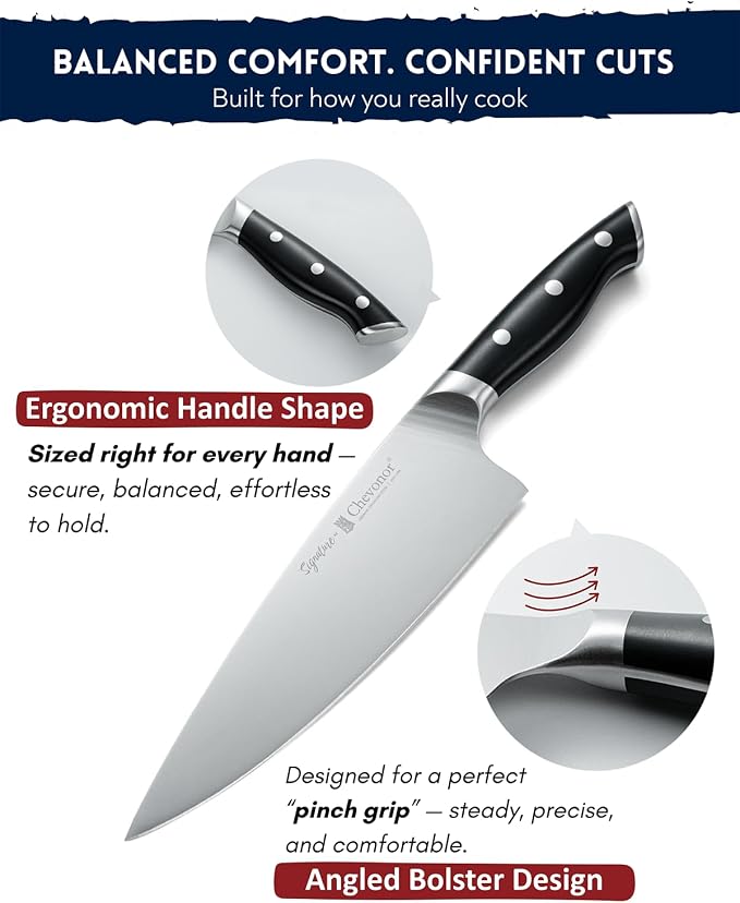 8 Inch Professional Chef Knife, 2.16" Extra Wide Blade German Steel DIN 1.4116, 3mm Thick Ultra Sharp Kitchen Knife with Full Tang Handle & Gift Box ｜Signature