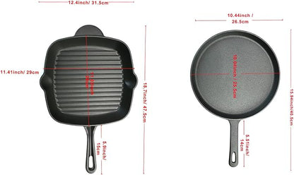 11 Inch Square Grill Pan Large Pre-Seasoned Cast Iron and 10.5 Inch Round Griddle, Crepe Pan, BBQ Hot Plate Pans with Handle Silicone