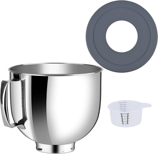 Stainless Steel Bowl Compatible with Kitchenaid Mixer 4.5/5QT，With Grey Lid,5 Quart Stainless Bowl for Kitchen Aid Mixing,With Green Lid