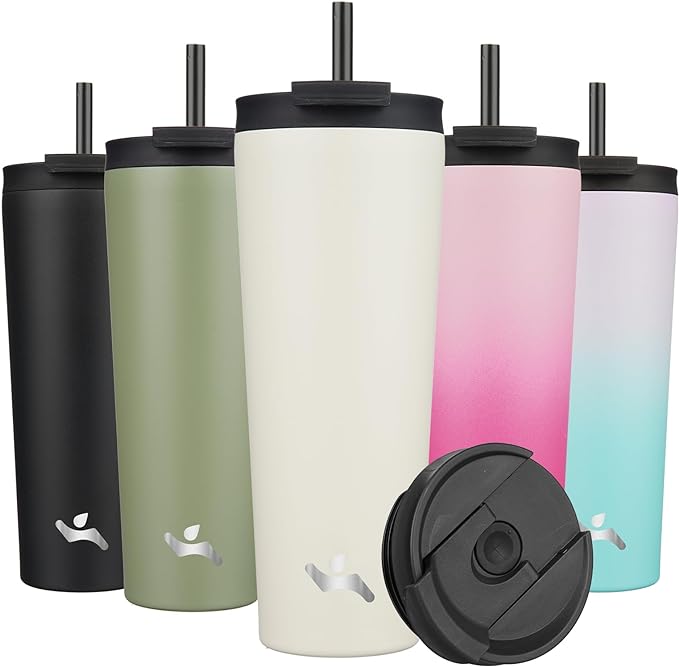 Konokyo 26 OZ Insulated Tumbler with Lid and 2 Straws Stainless Steel Water Bottle Vacuum Travel Mug Coffee Cup,Angel White