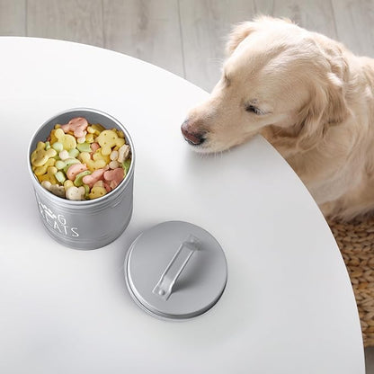 OUTNILI Small Dog Treat Container Airtight - 6" Tall X 4.9" Round Gray Dog Treat Jar for Kitchen Counter - Rustic Treat Storage Canister for Dogs, Cats, Small Animals - Gifts for Pet Owners