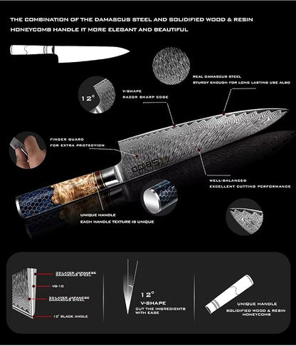 Seido Knives Hanikamu VG10 Damascus Chef Knife Set - Handcrafted Honeycomb Epoxy Resin with Stabilized Wooden Handles - Durable and Corrosion Resistant