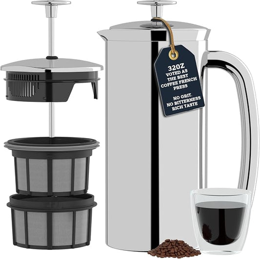 ESPRO Pro P7 French Press Stainless Steel 304 - Patented Double Micro-Filter for Grit-Free Coffee, Double Wall Insulated Coffee Maker, Plastic-Free & Heat Resistant - Polished 32oz