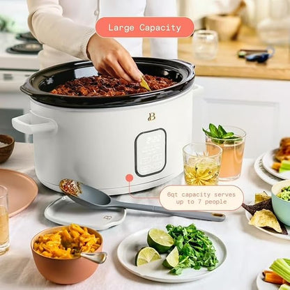 B 6 Qt Programmable Slow Cooker with Digital Timer, 5 Cooking Functions, Removable Ceramic Pot, Tempered Glass Lid, Dishwasher Safe (White Icing)