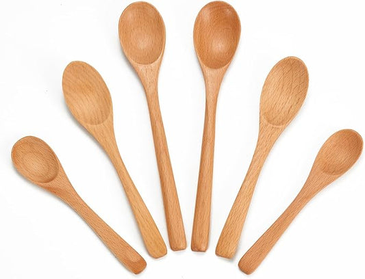6 Piece Small Wooden Spoons Set - Premium Beech Wood Spoons in 3 Sizes (4.9", 5.9", 7.1") for Honey, Tea, Coffee, Multi-Purpose Mini Teaspoons Utensils for Ice Cream and Soup