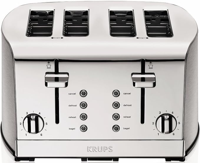 KRUPS: Breakfast Set Stainless Steel Toaster 4 Slice 1500 Watts 6 Brown Settings, Defrost, Reheat, High Lift Lever Silver, Matte and Chrome