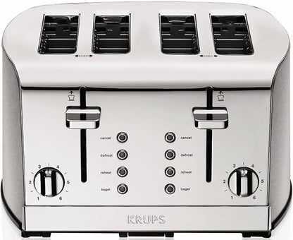 KRUPS: Breakfast Set Stainless Steel Toaster 4 Slice 1500 Watts 6 Brown Settings, Defrost, Reheat, High Lift Lever Silver, Matte and Chrome