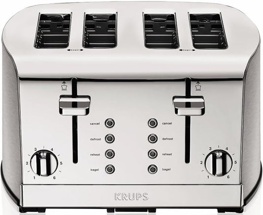 KRUPS: Breakfast Set Stainless Steel Toaster 4 Slice 1500 Watts 6 Brown Settings, Defrost, Reheat, High Lift Lever Silver, Matte and Chrome
