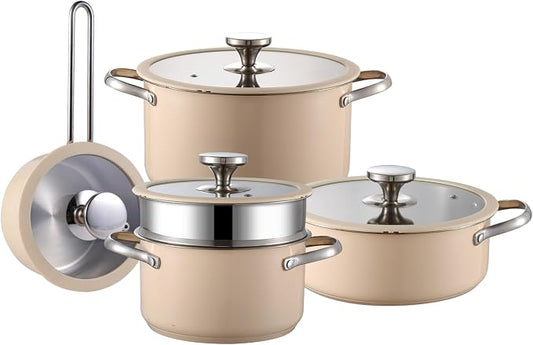 304 9pcs Stainless Steel Cookware Set, Kitchen Cookware Set,Beige High Temperature Ceramic Paint, Including 1 Milk Pot, 3 Different Sizes Of Stockpot, 1 Steam Tray, For All Stoves