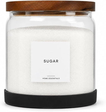 Glass Jar with Lid Half Gallon - 64oz Kitchen glass canisters - Airtight Acacia Wood Lid -Flour Sugar Coffee Rice Pantry Storage Container, Wide Mouth, 30 Labels & Non Slip Base