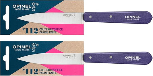 OPINEL No. 112 Paring Knives 2 Piece Set, Sandvik Steel Everyday Paring Knife, Wood Handles, Made in France (Purple)