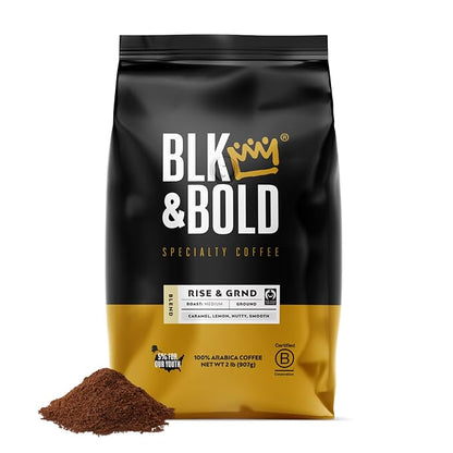 BLK & Bold Ground Coffee, Rise & GRND Medium Roast, Toffee Lemon Nutty Notes, For Drip Coffee Maker, French Press & Coffee Pot, 2lb Bag