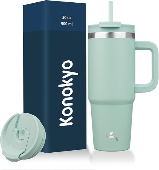 Konokyo 30 oz Tumbler with Handle and 2 Straws,2 in 1 Lid Insulated Water Bottle Stainless Steel Travel Coffee Mug,Retro Green