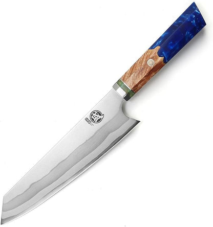 MITSUMOTO SAKARI 8-Inch Kiritsuke Chef Knife, 7-Layer 440C Damascus | Long flat edge for clean slicing, angled tip for detail cuts, blue pomegranate handle, sandalwood box