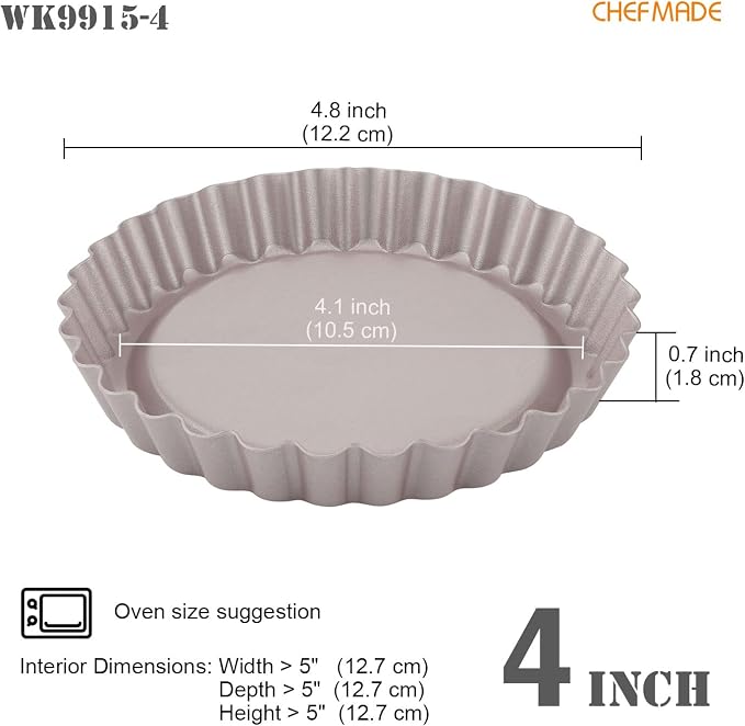 CHEFMADE Mini Round Tart Pan Set, 4-Inch 4Pcs Non-Stick Round Quiche Bakeware for Oven and Instant Pot Baking (Champagne Gold)