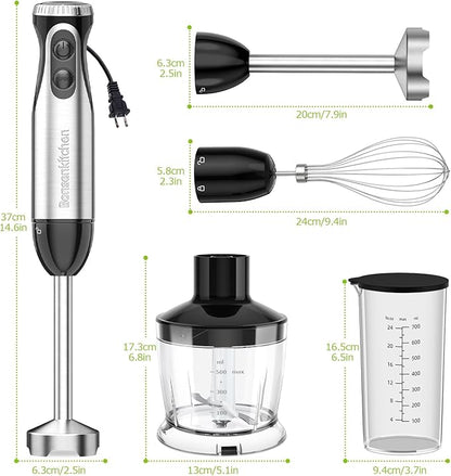 Bonsenkitchen Immersion Blender Handheld with Food Processor, 20 Speeds Hand Blender with Turbo Mode, Stainless Steel Blade, Egg Whisk, Beaker & Chopper Bowl, Hand Mixer for Smoothie, Soup, Baby Food