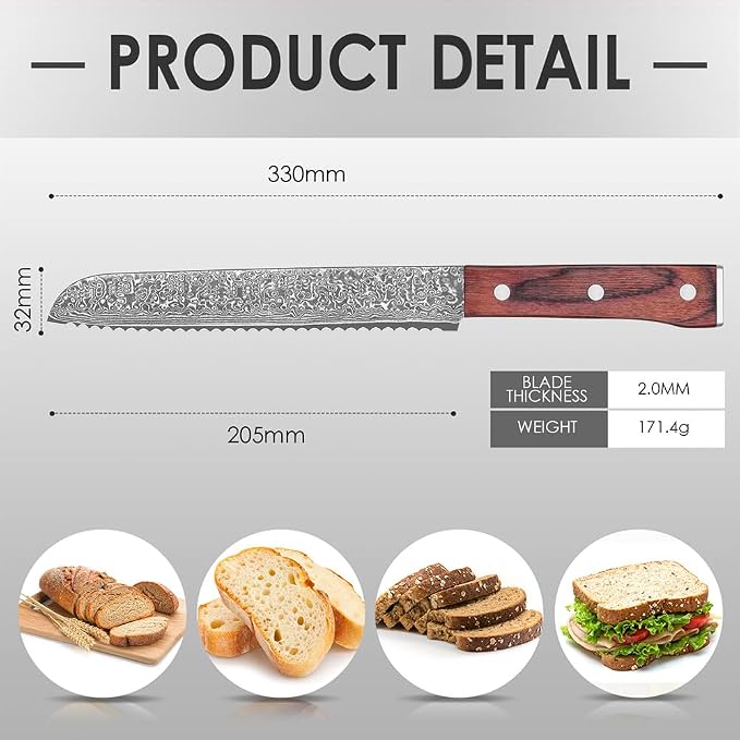 COOKLET'S Bread Knife, Professional VG10 Damascus High Carbon Stainless Steel Bread Cutting Knife, 8 Inch Serrated Cake Knife Bread Cutter, G10 Ergonomic Color Wooden Handle with Gift Box
