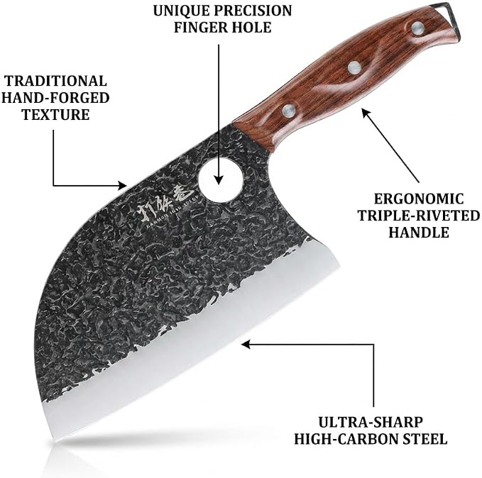 3PCS Butcher Knife Set, 7" Butcher Meat Cleaver, 7" Serbian Chef Knife and 6.5" Viking Knife, Hand Forged Kitchen Knife Set with Plastic Handle, Geat for Home, Camping, BBQ (Unique Finger Hole Design)