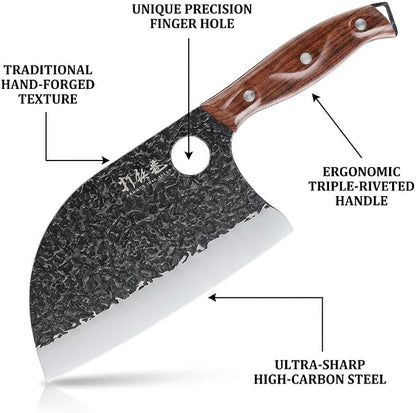 3PCS Butcher Knife Set, 7" Butcher Meat Cleaver, 7" Serbian Chef Knife and 6.5" Viking Knife, Hand Forged Kitchen Knife Set with Plastic Handle, Geat for Home, Camping, BBQ (Unique Finger Hole Design)
