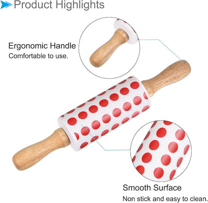 Silicone Rolling Pins, 9.25" Length, Silicone & Oak Non-Stick Ergonomic Wooden Handle Fondant Dough Roller Red White - (Applications: for Baking DIY Projects)