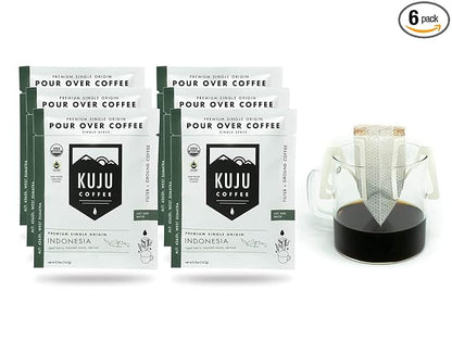 Kuju Coffee Premium Pour Over Individual Coffee Packets - Backpacking, Travel, Camping Organic Coffee Singles - Fair Trade & Eco-Friendly - Indonesia - West Sumatra, 6-pack
